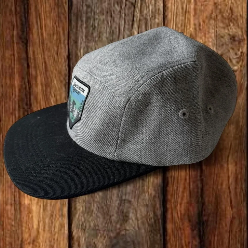 Locale Jackson Hole Wyoming Mountain Bike 5 Panel Camp Hat Gray Black NWT